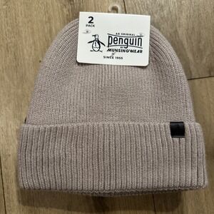 Penguin By Munsingwear 2 Pack Knit Cuff Hats Logo Fleece Lined NEW Tan/Black NEW